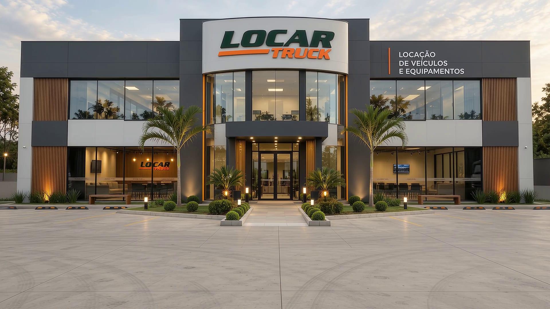 Sede da Locar Truck ao entardecer, onde dois caminhões compactadores chegam e estacionam em frente à entrada